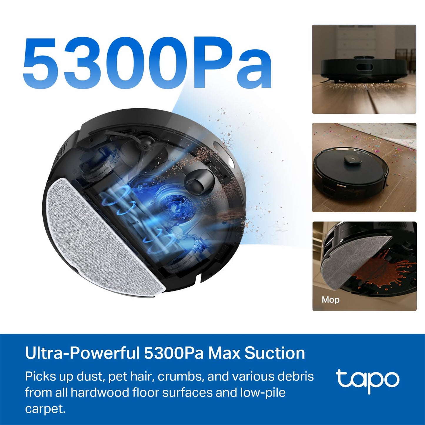 Tapo LiDAR Smart Navigation Robot Vacuum and Mop with Self-Emptying Dock, 5300Pa Max, 97%+ Dust Pickup Rate, Customizable Cleaning, Self-Charging, Compatible with Alexa & Google Home, RV30 Max Plus