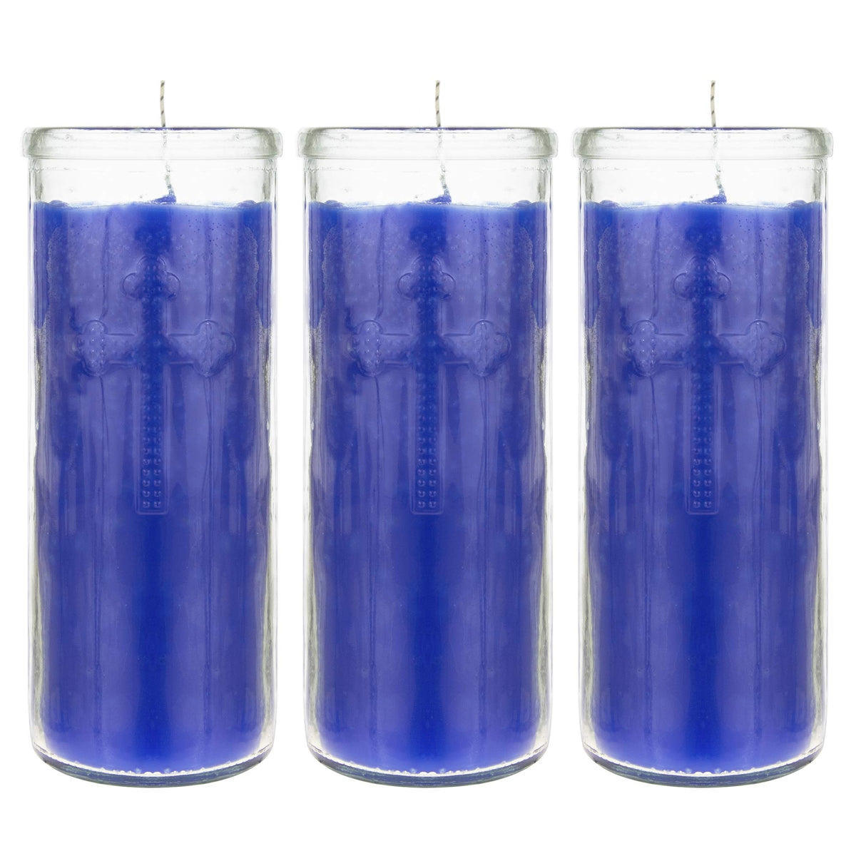 Mega Candles 3 pcs Unscented Blue Dual Cross Glass Container Altagraciano Devotional Prayer Candles, Premium Wax Candle 3 Inch x 7.25 Inch, Sanctuary, Vigils, Prayers, Blessings, Religious, Memorials