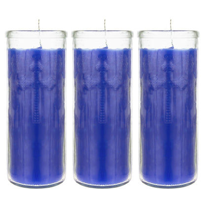 Mega Candles 3 pcs Unscented Blue Dual Cross Glass Container Altagraciano Devotional Prayer Candles, Premium Wax Candle 3 Inch x 7.25 Inch, Sanctuary, Vigils, Prayers, Blessings, Religious, Memorials