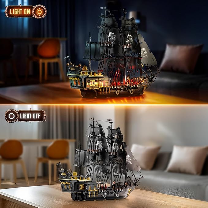 Pirate Ship Model Building Set for Adults Boys Girls Black Pearl Ship Model with Light Sail Boat Construction Toys Collectible Display Home Office Decor Birthday Gifts（1713 Pieces）