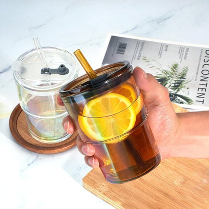 Cafezi 13 oz Glass Tumbler with Glass Straw and Lid, Leak-Proof Reusable Travel Cup for Iced Coffee, Tea, Matcha, Fruit Juice – Thick Wall Clear Water Bottle (Amber, 2 Pack)
