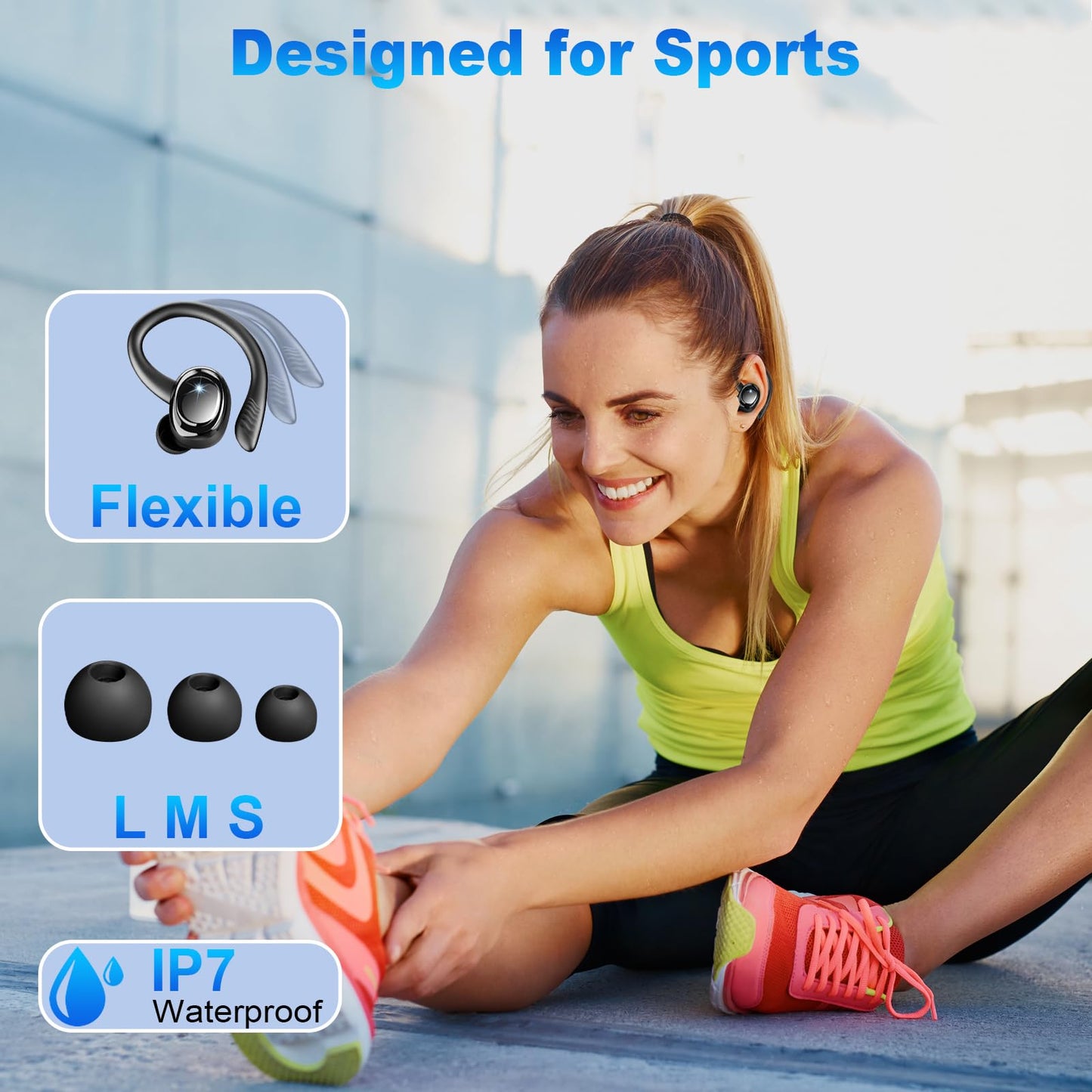 Hupoaf Wireless Earbuds Sport, New Bluetooth 5.4 Headphones with Earhooks, 50H Stereo Deep Bass Over Ear Buds with 4 ENC Noise Canceling Mics, IP7 Waterproof Earphones for Running Workout Gym -Black