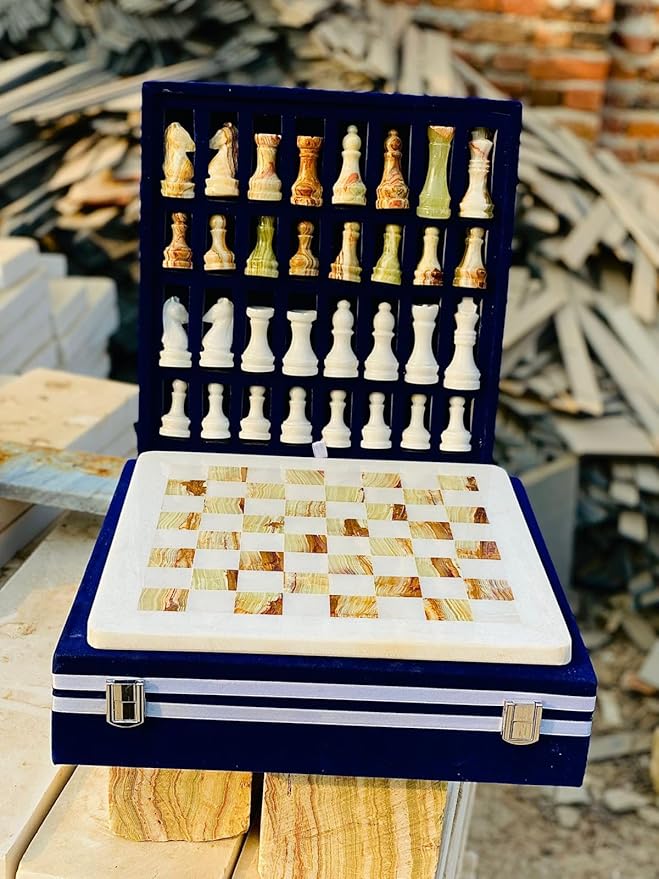 Large Handmade Full Chess Set Marble Chess Board 32 Chess Game Pieces Unique Home décor. Handcrafted Tournament Chess Board - 2 Players. (White Green)