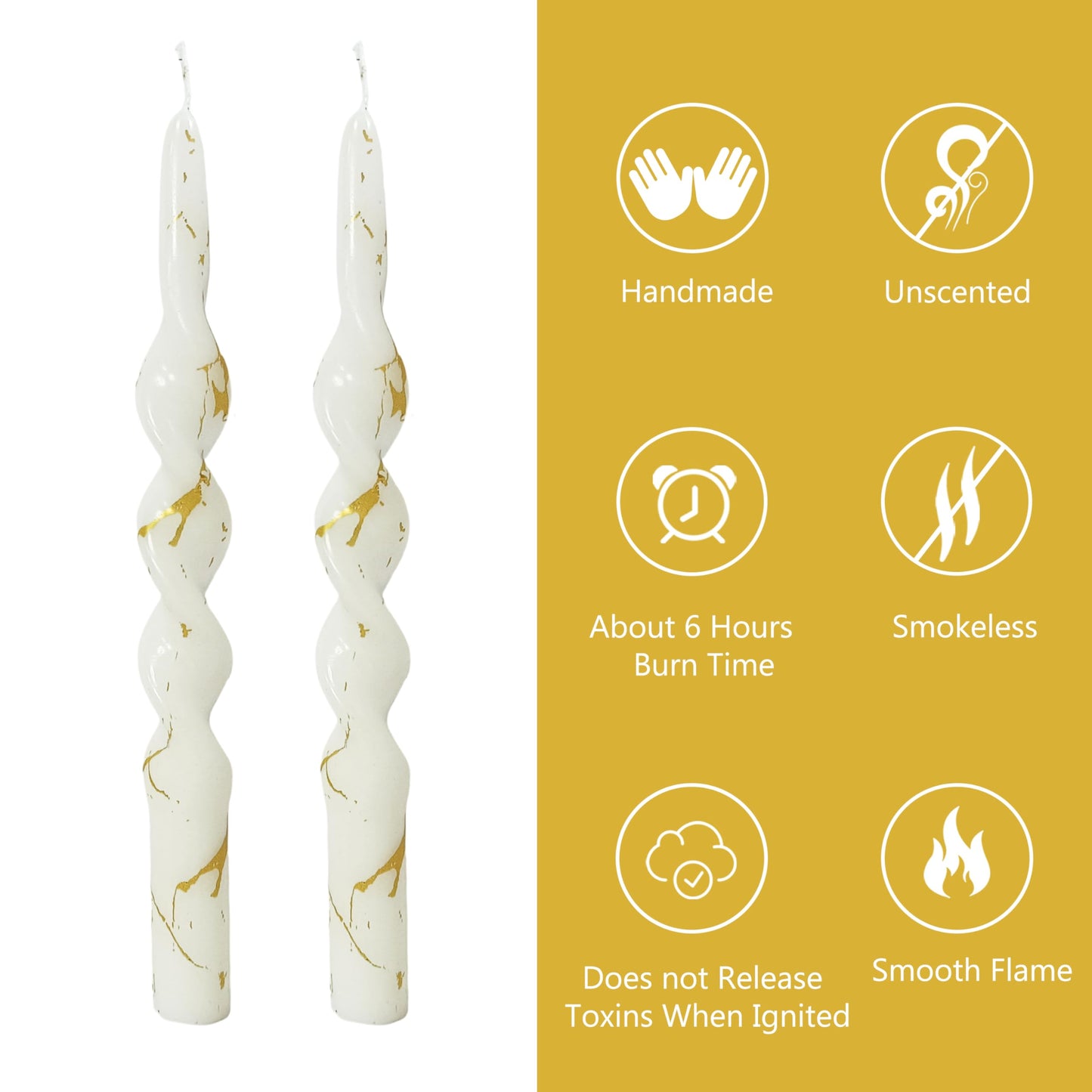 Elegant Gold Marble Spiral Candles Set of 2, 10 Inch Handmade Taper Candles, Unscented Candlesticks, Tapered Candles for Wedding Dinner Table Home Decor Gift
