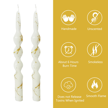 Elegant Gold Marble Spiral Candles Set of 2, 10 Inch Handmade Taper Candles, Unscented Candlesticks, Tapered Candles for Wedding Dinner Table Home Decor Gift