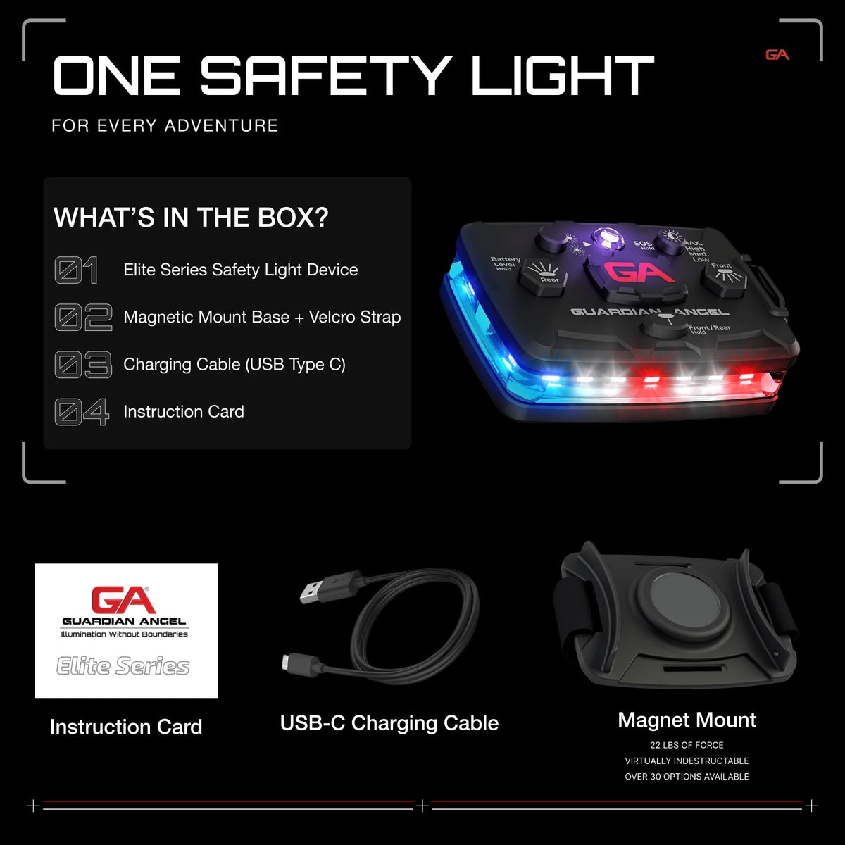 Guardian Angel Law Enforcement Infrared Wearable Safety Light Bundle - Elite Series Red/Blue/White Infrared Light, Universal Mount, Epaulet Mount and Tether, Magnetic Mounting, Professional Grade