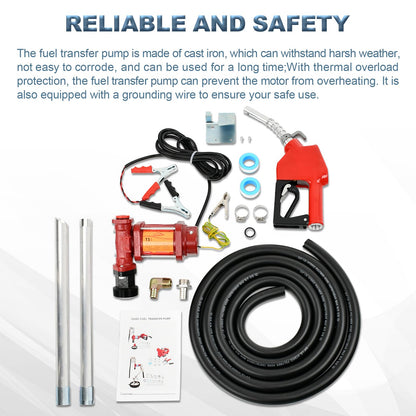 BIGREAT 15GPM 12V DC Fuel Transfer Pump with 13 Feet Discharge Hose, Automatic Nozzle,Cast Iron Heavy Duty Premium Transfer Pump Kit For Gasoline, Diesel, Kerosene, Ethanol & Methanol Blends