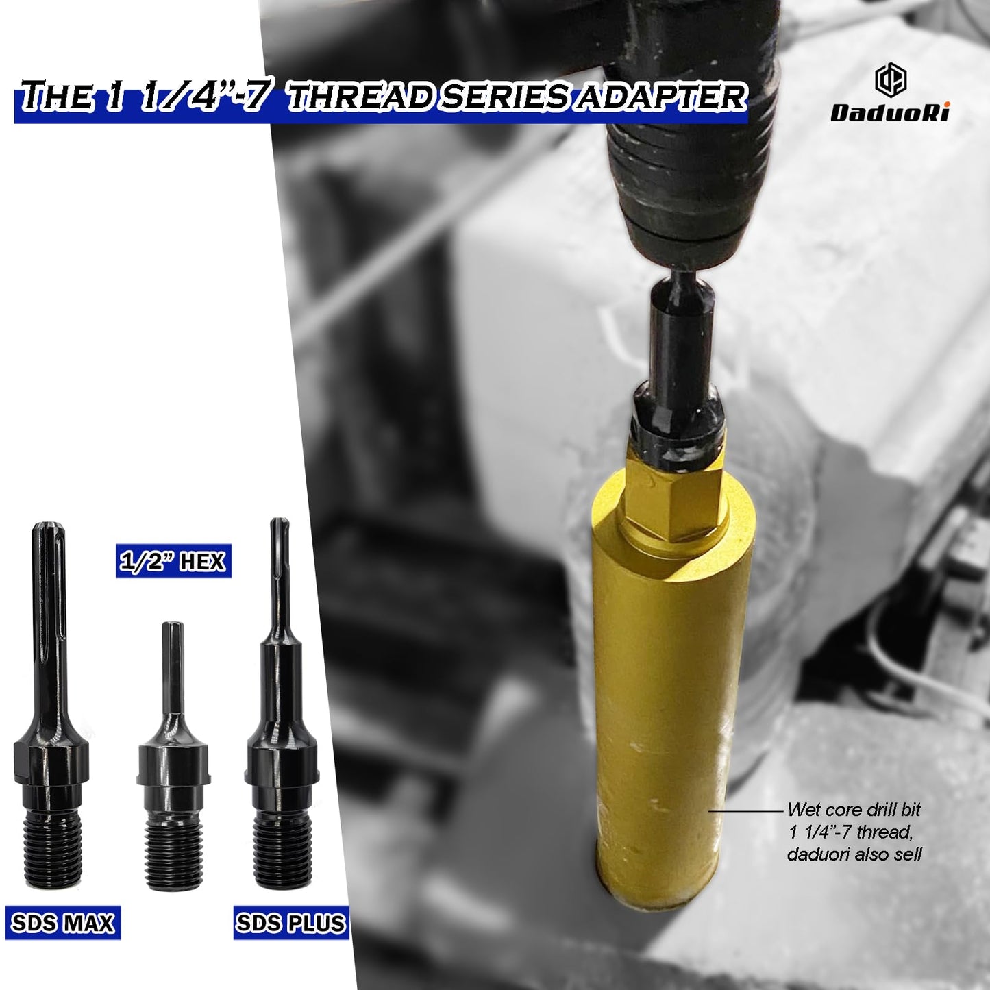 DaduoRi 10 Inch Wet Core Drill Bit & SDS Max Shank Drill Adapter - 10" Diameter Core Bits for Concrete, 14" Drilling Depth, 1-1/4"-7 Thread Diamond Core Bit for Cured Concrete, Masonry, Brick