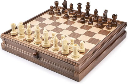 AMEROUS 15 x 15 Wooden Chess &amp Checkers Set with Built-in Storage Drawers/Weighted Chess Pieces / 2 Bonus Extra Queens / 24 Cherkers Pieces/Classic 2in1 Board Games for Kids Adults