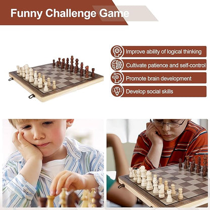 15 Inch Wooden Chess SetsChess &amp Checkers Set with 2 Extra QueensFoldable Wooden Chess Set Board for AdultsHandmade Portable Chess Board Game for Familly Travelling Gift
