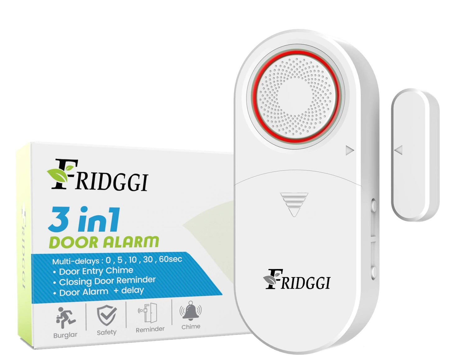 3in1 Alarm - Door Ajar Alarm, Door Chime with Delay, 0/5/10/30/60 Seconds, 2/5 Minutes, Close Door Reminder, 80 to 120 dB, Time Delay Alert When Left Open for Freezer, Home, Shop. (White)