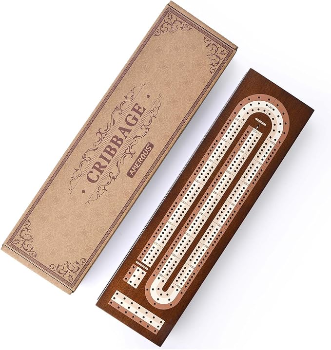 AMEROUS Wooden Cribbage Board Game Set with Magnetic Lock - Metal Pegs - 2 Playing Cards - Continuous 3 Track Board - Larger Storage Area Travel Portable Cribbage Game Sets for Family