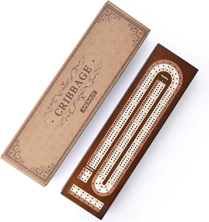 AMEROUS Wooden Cribbage Board Game Set with Magnetic Lock - Metal Pegs - 2 Playing Cards - Continuous 3 Track Board - Larger Storage Area Travel Portable Cribbage Game Sets for Family