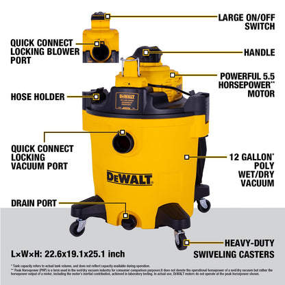DEWALT Shop Vacuum Wet and Dry Vac with Detachable Leaf Blower, 3 in 1 Heavy Duty Wet Dry Vacuum Cleaner 12 Gal for Home, Garage, Car, Workshop, Jobsite, Lawn Care, Yard, Patio, 5.5 Peak HP, DXV212P