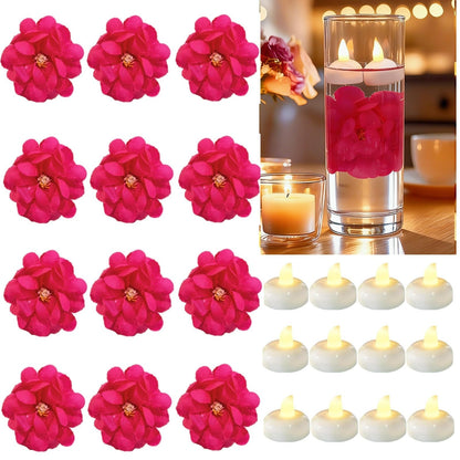 Qazcnd 24 Pack Flameless Led Floating Candles and Floating Artificial Flower Battery Operated Waterproof Tea Lights for Cylinder Vases Centerpieces at Wedding, Party, Pool Decor Rosered