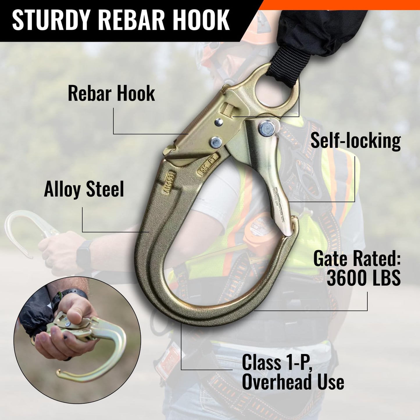Malta Dynamics Pygmy Hog 11-Foot Self-Retracting Lifeline (SRL) – OSHA & ANSI Compliant Fall Protection Retractable Lanyard with Rebar Hook – Class 1-P, Lightweight, Durable, 310 Pound Capacity