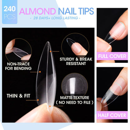 Gellen Gel Tips Nail Extension Kit, Gel Nail Kit with 240Pcs Almond Tips, 3 in 1 UV Glue for Nail Tips, Prep Dehydrator and Primer, U V LED Cure Lamp, Decorations for DIY Manicure Set