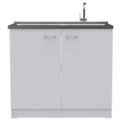 DEPOT E-SHOP Salento Utility Freestanding Sink with Cabinet 35.4" H x 39.3" W - Double Door, Two Shelves, Metal Handles, Aluminum Countertop, White, with Integrated Steel Sink