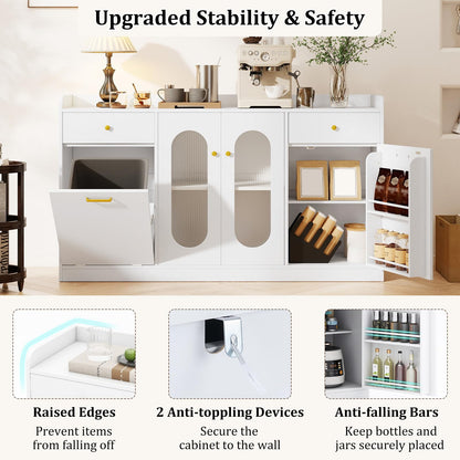 Giantex 55" Farmhouse Buffet Cabinet, Large Credenza w/Hidden Tilt Out Trash Can, 2 Glass Doors, 2 Drawers & Adjustable Shelves, Modern Sideboard Coffee Bar Cabinet for Kitchen, Dining Room (White)