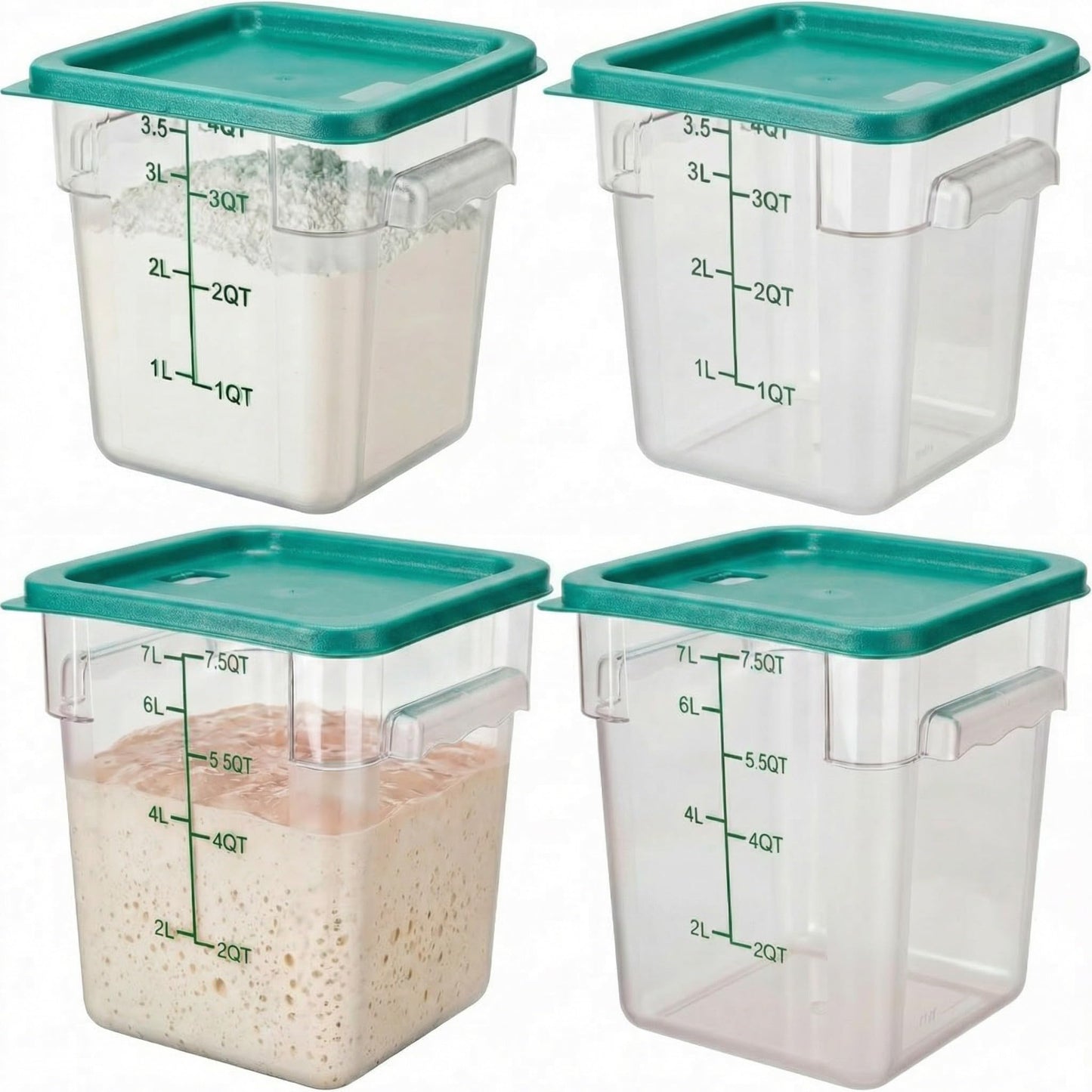 Lallisa 4 Pcs 8qt & 4qt Clear Food Storage Containers with Lids Handles and Scales, Stackable Plastic Square Food Storage Containers for Dough Proofing Baking Kitchen Restaurant(Green)
