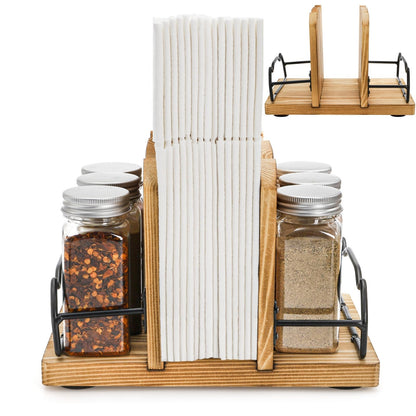 WRINGKIT Napkin Holder for Table, Rustic Napkin Dispenser with 2 Slot Salt Pepper Shakers Caddy, Wood Paper Napkin Storage Dispenser Condiment Caddy for Kitchen, Restaurant, Dining Room