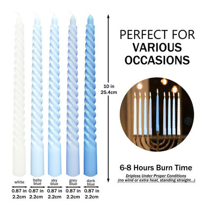 10 Inch Gradient Blue Spiral Taper Candle Set, 10 Pack Unscented Dripless Candlesticks for Dinner Party Brithday Wedding and Home Decoration