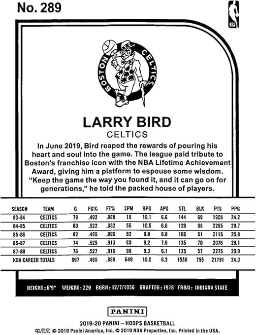 2019-20 Panini Hoops Winter #289 Larry Bird Boston Celtics NBA Basketball Trading Card