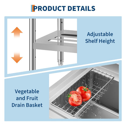 GarveeTech 35 in Freestanding Stainless Steel Utility Sink with Pull-Out Faucet, Adjustable Height Laundry Tub with Hot & Cold Water, Basket, Shelf & Drain Kit for Kitchen, Garage, Outdoor, Basement