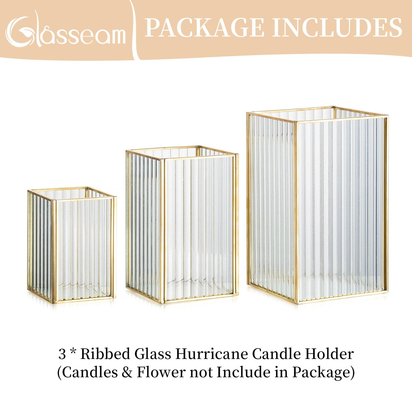 Glasseam Hurricane Glass Candle Holder: Ribbed Gold Pillar Candle Holders Set of 3 Square Metal Candle Holders for Table Centerpiece Modern Small Lanterns Decorative Indoor for Christmas Wedding Decor