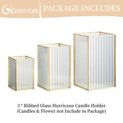 Glasseam Hurricane Glass Candle Holder: Ribbed Gold Pillar Candle Holders Set of 3 Square Metal Candle Holders for Table Centerpiece Modern Small Lanterns Decorative Indoor for Christmas Wedding Decor