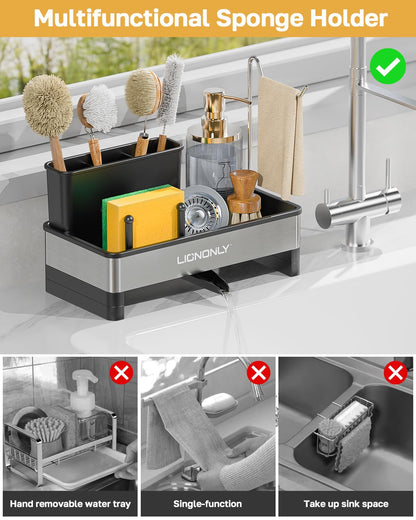 LIONONLY Sponge Holder for Kitchen Sink, 304 Stainless Steel Sink Caddy with Auto Drain Tray, Kitchen Sink Organizer with Towel Brush Holder for Countertop, Soap Dispenser Storage Accessories