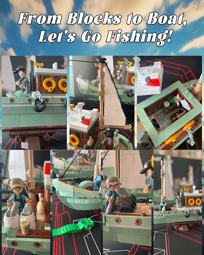 City Fishing Boat Building Kit with 3 Fisherman Minifigures Ship Building Sets with Fishing Rods &amp Buckets Christmas Birthday Gifts Toys for Kids Aged 6-12 Compatible with Lego Boat 610 PCS