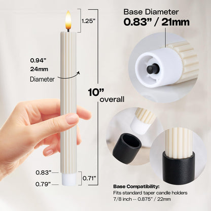 West Ivory 12 Pack, 10" LED Flameless Cream Beige Fluted Ribbed Grooved Taper Candles, Remote & 24h Timer Memory, On/Off Button, Dimmable, Flicker Mode, Battery Operated, Christmas Menorah Wedding