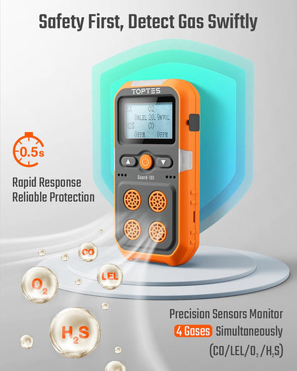 TopTes Guard-101 Gas Detector, 4 Gas Monitor for H2S, CO, LEL and O2, with Vibration, Visual and Audible Alarms, 14h Long Battery Life, Safety Explosion-Proof, for Work, Home - Orange