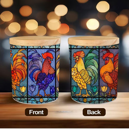 Stained Glass Roosters Tea Light Candle Holders, Country Chicken Tealight Candle Holder Jar with Wooden Lid, Farm Style Votive Candlesticks for Table Centerpieces,Christmas,Birthday Party