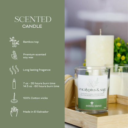 Estrella Blanca 7oz Eucalyptus and Sage Scented Candle, Candles for Home Scented, Soy Blend Wax Candle, Gift for Women Men, Long Burning Candle