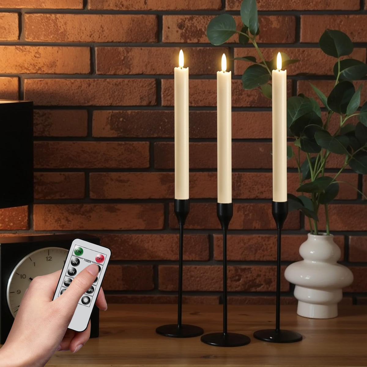 GenSwin Flameless Ivory Taper Candles Flickering with 10-Key Remote, Battery Operated Led Warm 3D Wick Light Window Candles Real Wax Pack of 3, Christmas Home Wedding Decor(0.78 X 9.64 Inch)