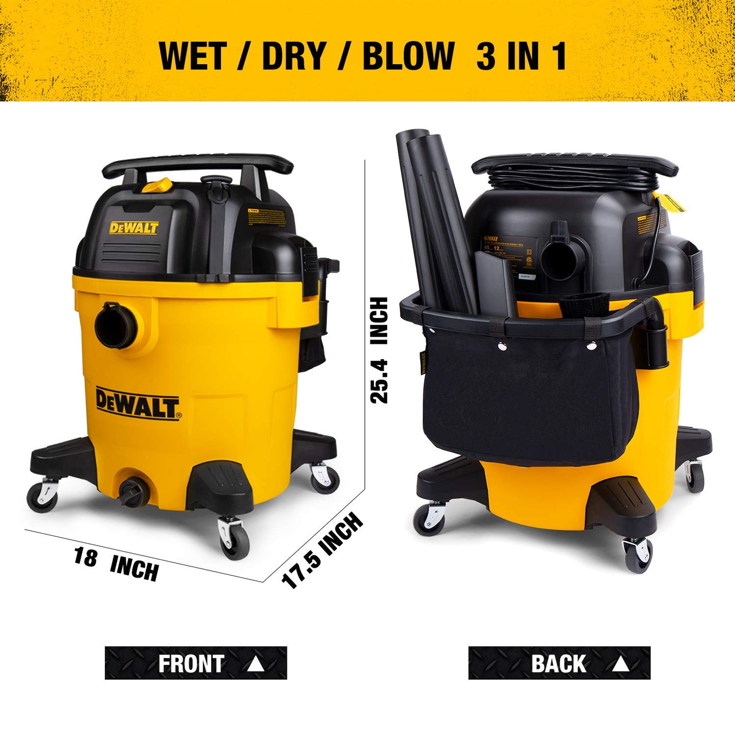 DEWALT 12 Gallon Poly Wet/Dry Vac, 5.5 HP Shop Vacuum Wet Vacuum Cleaner for Workshop, Jobsite, Commericial Area, Large Pick-Up Capacity, Yellow,DXV12P