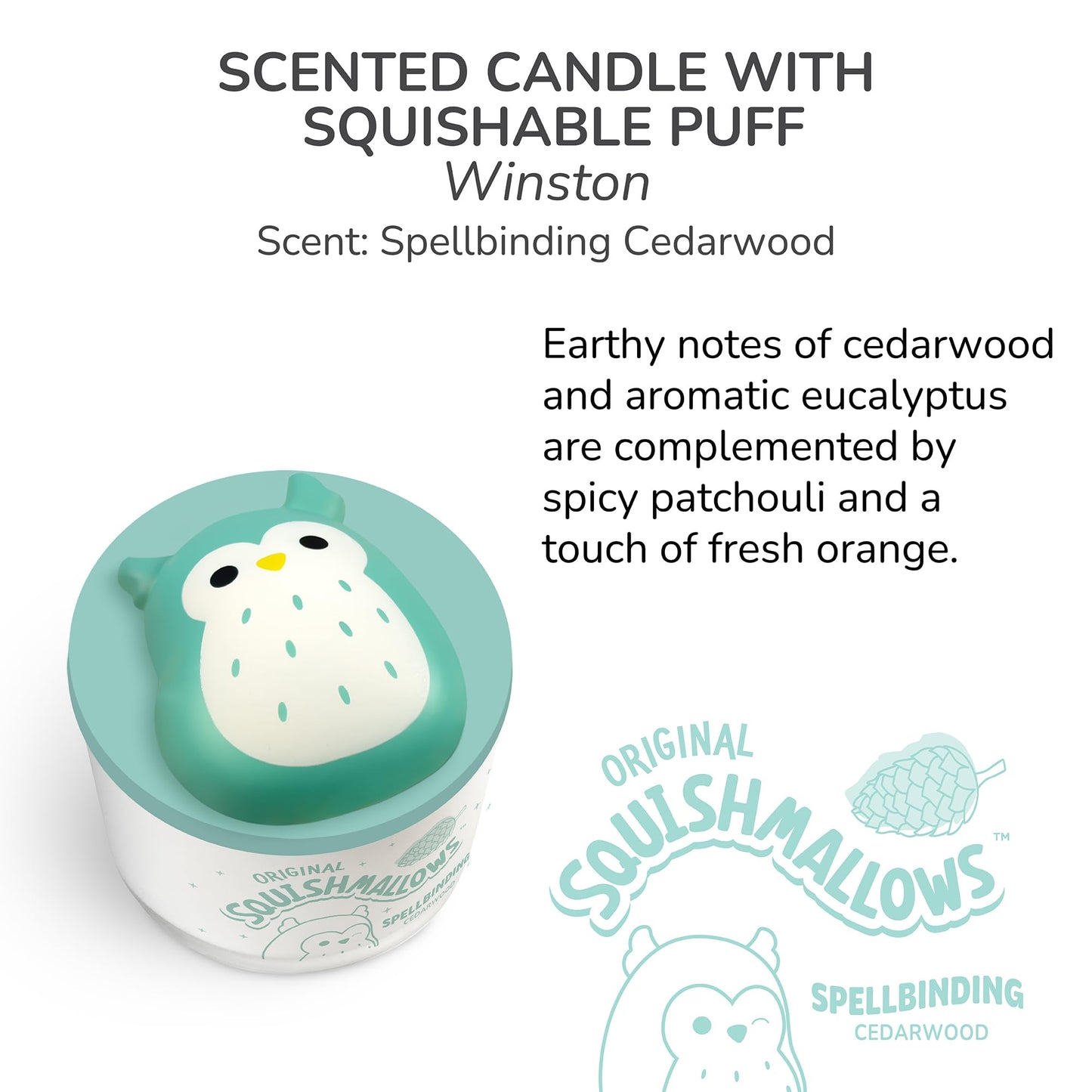 Studio Oh! x Squishmallows Scented Candle, Winston Spellbinding Cedarwood, Eucalyptus, Patchouli & Orange, 12 oz, 38 Hour Burn, Reusable Jar, Scented Candles for Home, Relaxing Calming Candle