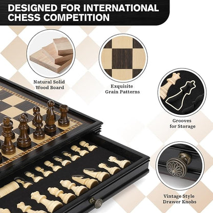 Peradix Magnetic Chess Checkers Board Sets with 2 Built-in Storage Drawers12.8 Classic 2 in 1 Wooden Games with 2 Extra Queens for Kids and AdultsTravel Portable Chess Game Set