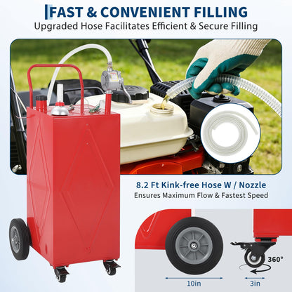 30 Gallon Portable Fuel Caddy with Manual Pump, Heavy Duty Mobile Fuel Transfer Tank On 4 Wheels, Gasoline & Diesel Storage Container for Trucks, Boats, ATVs, Lawn Mowers, Farm Equipment - Red