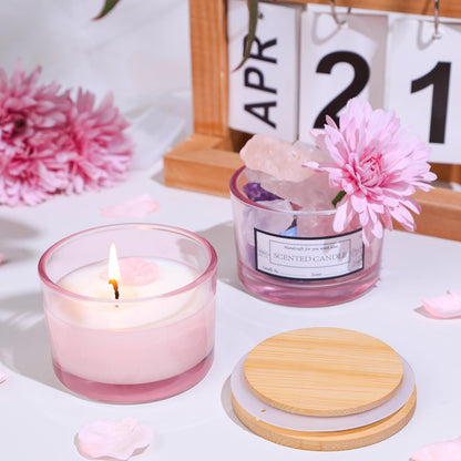 CONNOO 15 Pack 4 OZ Pink Glass Candle Jars with Airtight Bamboo Lids for Making Candles, Bulk Small Wide Mouth Empty Candle Containers with Sticky Warning Labels - Dishwasher Safe