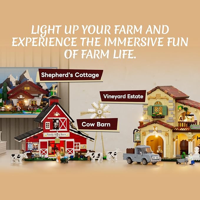 Farm Vineyard-Estate Lighting Building-Bricks-Set - 2800 Pcs Winery Chateau House Collection LED Light Wine Cottage Model Display Set for Adults and Farm Series Building Collectors