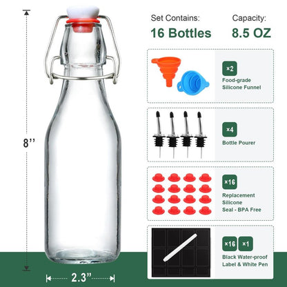 16 Pack 8.5oz Flip Top Glass Bottles, Swing Top Beer Brewing Bottle for 2nd Fermentation, Kombucha, Kefir, Vanilla Extract, Coquito, Juice, Tea - Airtight Stopper Cap Lid, Bonus 4 Bottle Pourers