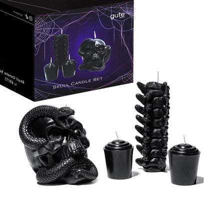 Skull & Spine Candles 4 Pack - Skeleton Snake, Spine & Black Bones Candle, Skulls, Magic Skulls Candlestick Spooky Gothic Emo Decor, Home & Bar Decoration, Large Creepy Skeletons Decorations