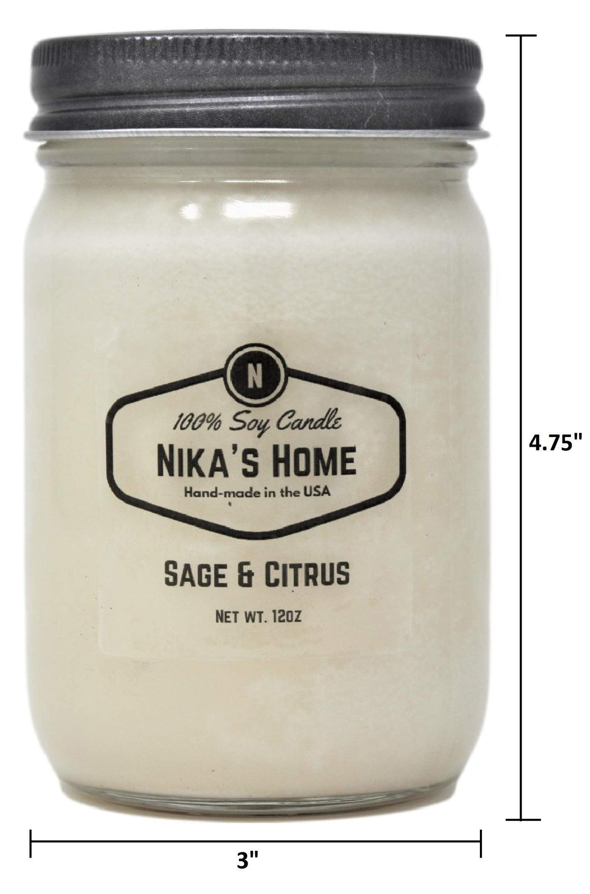 Nika's Home Sage & Citrus Soy Candle - 12oz Mason Jar - Non-Toxic - Hand Poured in The USA, Long Burning 50-60 Hours Highly Scented All Natural, Clean Burning