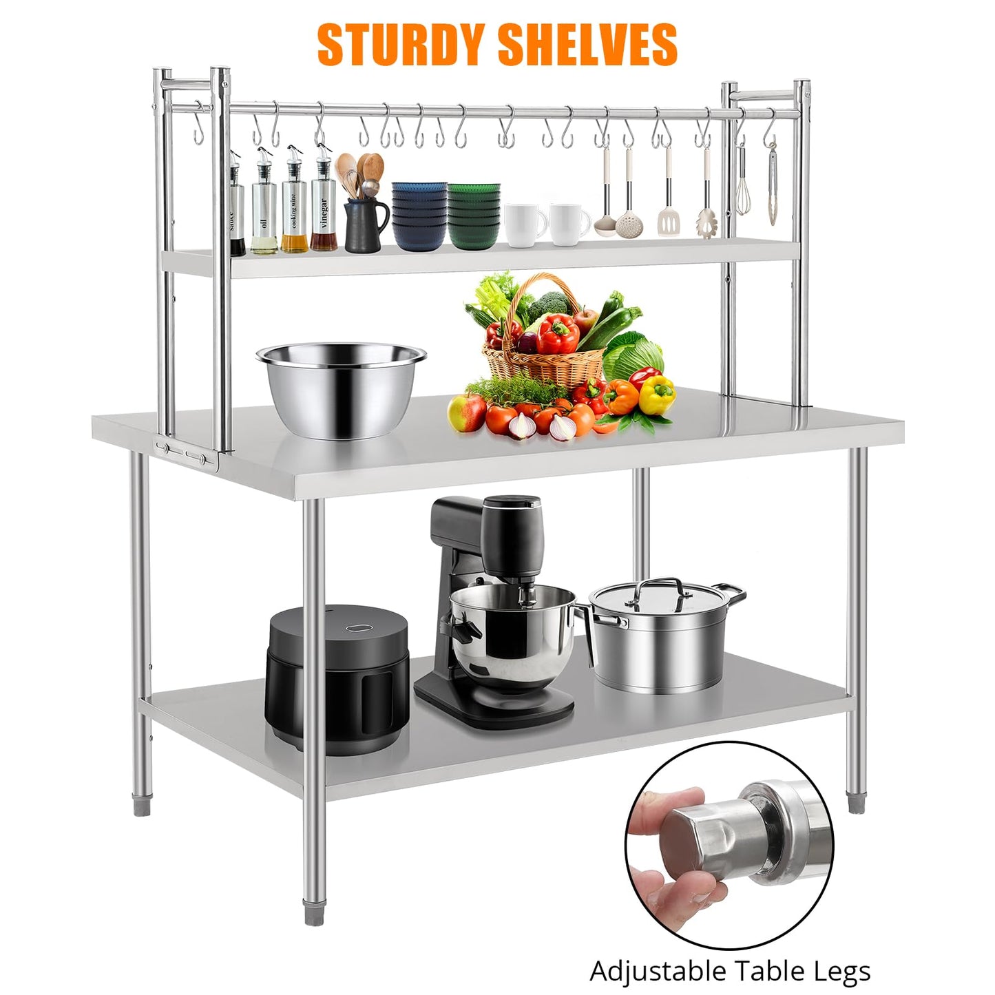 BouPower 60" x 36" Stainless Steel Table with Shelves, Commercial Work Table with 2-Tier Adjustable Overshelves, Heavy Duty Metal Prep Tables for Commercial Kitchen Restaurant Garage Warehouse