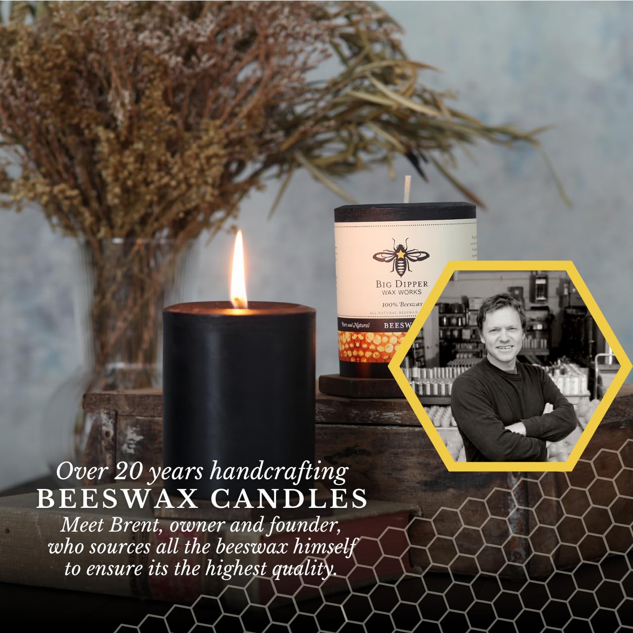 Big Dipper Wax Works Black Pillar Candle, 60-Hour Long Burn, Pure Beeswax Candle, 3" x 3.5”