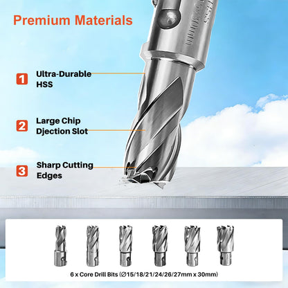 Mag Drill Press with 6 Pcs Coring Bits, 1400W 2" Boring Diameter, 2922lbf/13000N Power Portable Magnetic Drill, 810 PRM, Electric Drilling Machine for Metal Surface, Home Improvement Industry