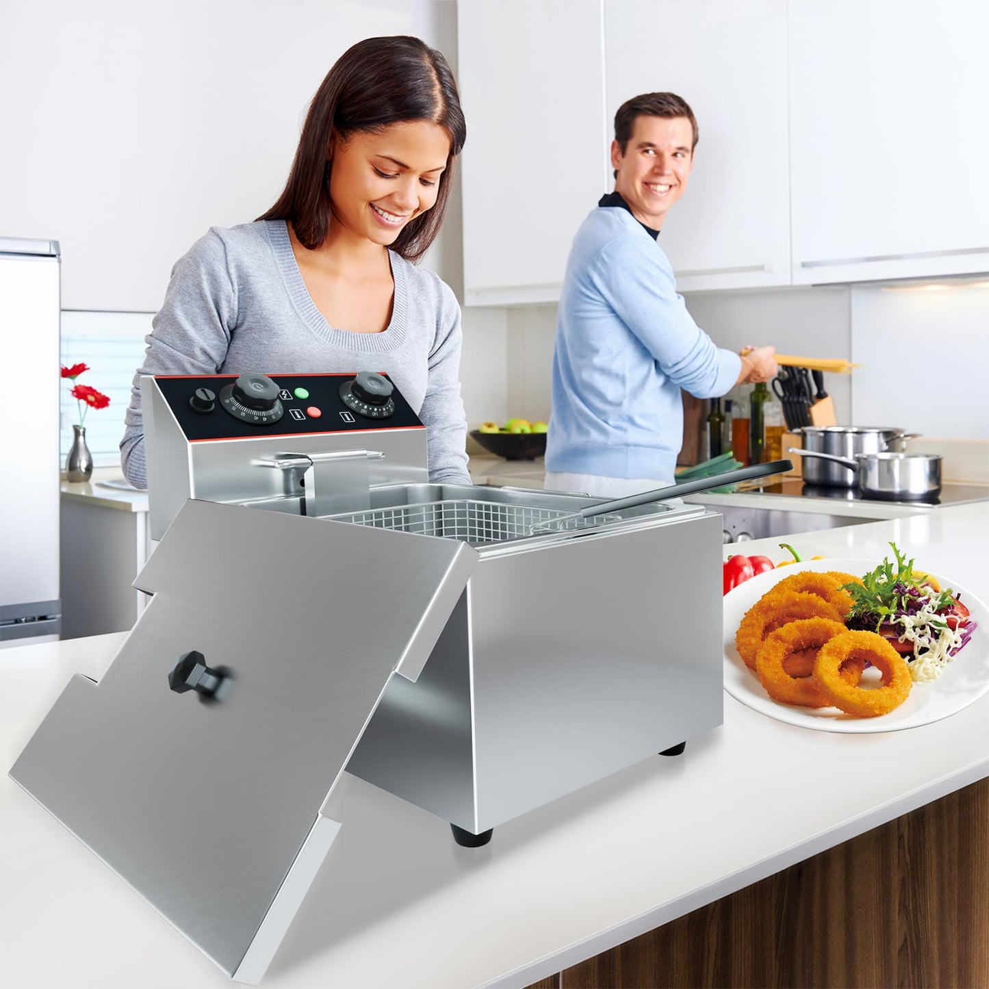 Garvee Stainless Steel Commercial Deep Fryer, 11.6 QT/11 L Countertop Electric Oil Fryer with Detachable Basket and Lid, Adjustable Temperature Control for Home and Restaurant Use, 1500W